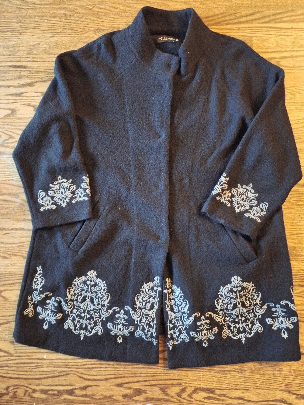 Nanette Lepore 100% Wool Embroidered Black Long Coat Rare
